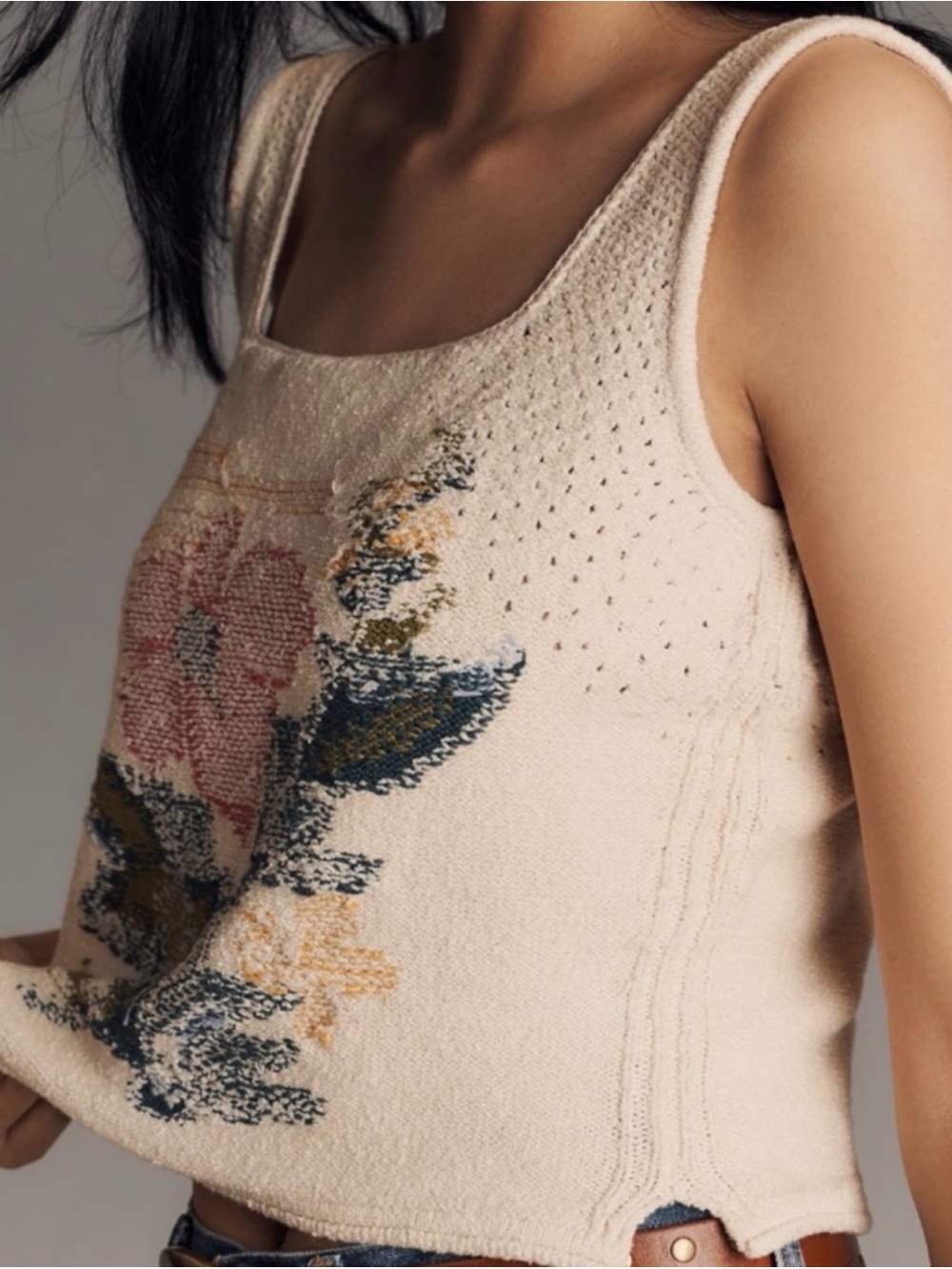 Anthropologie Pilcro Cream Knit woven Tank with floral print - Picture 3 of 5
